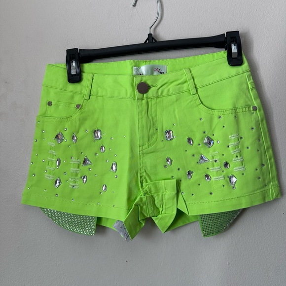 Pants - Neon Green Embellished Women's Shorts